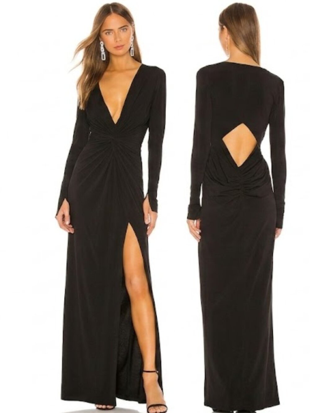 Katie May In a Mood Black Maxi Gown With Long Sleeves Slit & Plunge Neckline XL